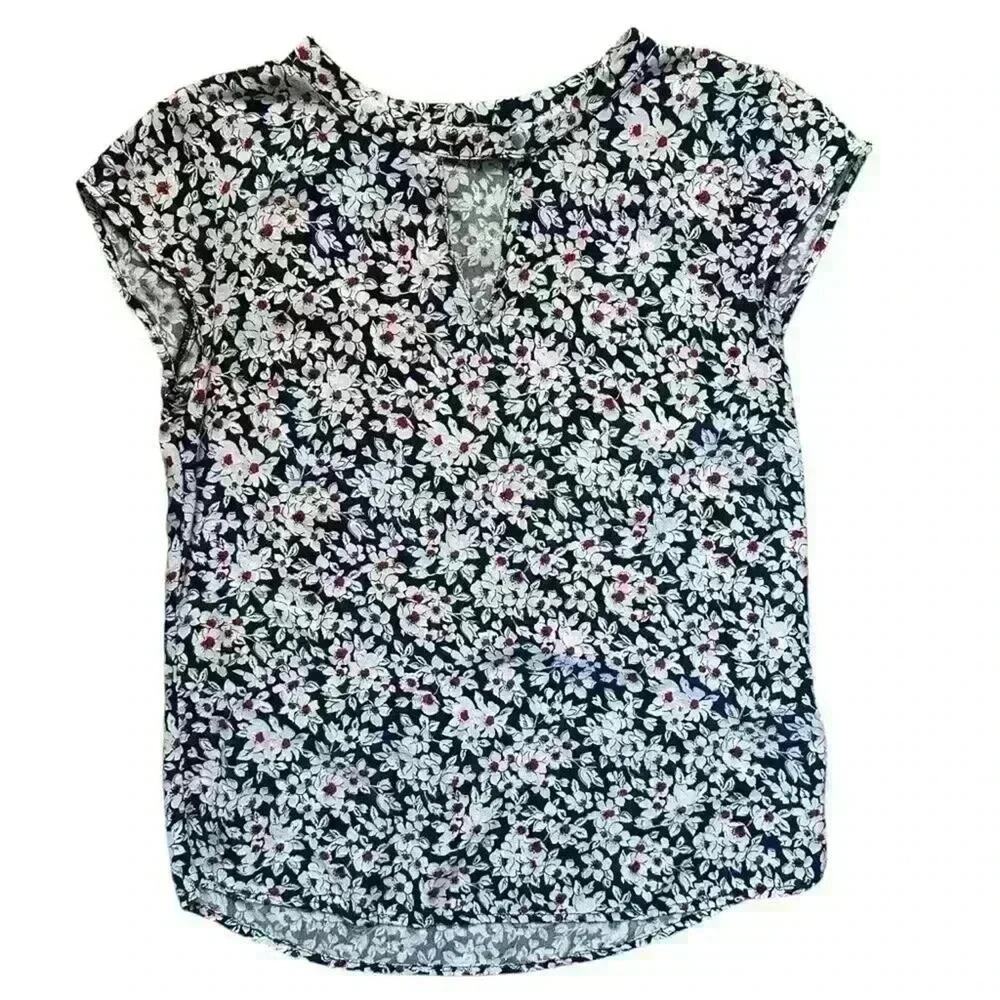 Banana Republic Cap Sleeve Blouse, Split Neck, floral Sz XS